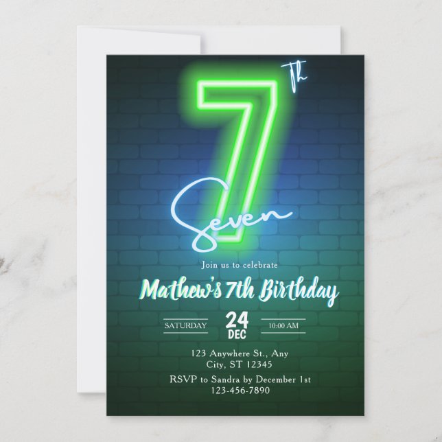 Convites Neon Seventh birthday Invitation (Frente)