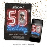 Convites Neon Sign Retro Custom Photo 50th Festa de anivers<br><div class="desc">Letra Neon Retro Personalizada Foto 50º Convite de aniversário. Um design de convite para o aniversário de neon, estilo neon, estilo 80s divertido e retrógrado, com um fundo de tijolos de aparência rústica. A design é simples com uma dica de humor e foto personalizável! Veja a coleção para outro decor...</div>