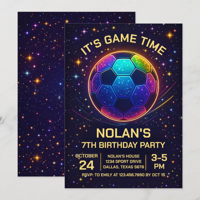 Convites Neon Soccer Birthday Invitation (Frente/Verso)