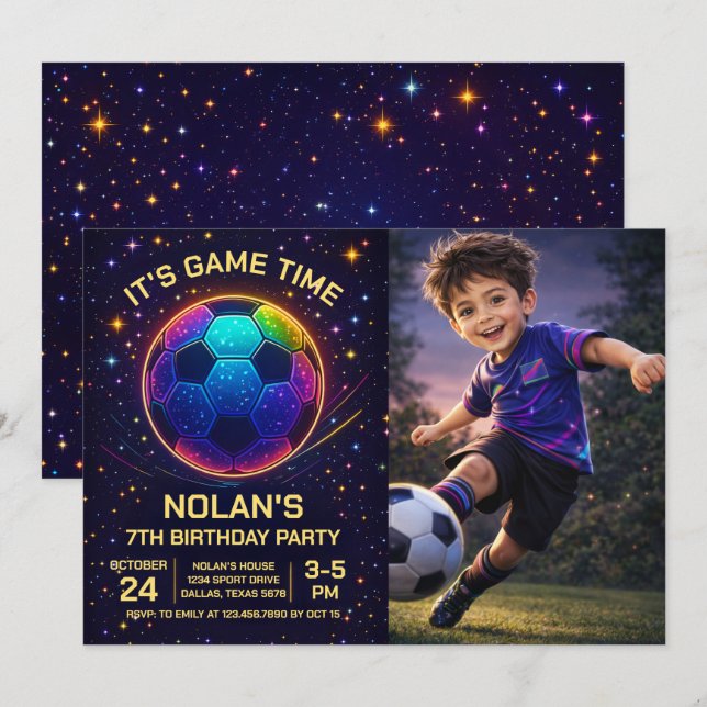Convites Neon Soccer Birthday Photo Invitation (Frente/Verso)