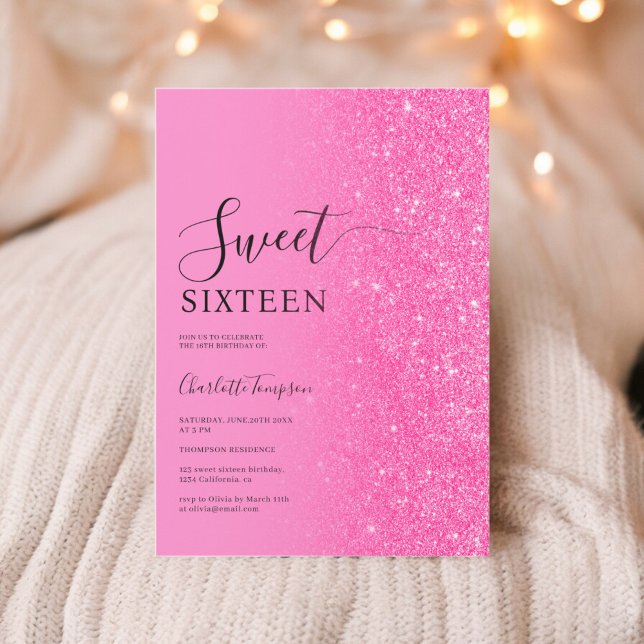 Convites Neon Sweet, Neon, Rosa Luxuoso Moderno 16 (Modern Luxurious Pink Glitter Neon Sweet 16 Invitation)
