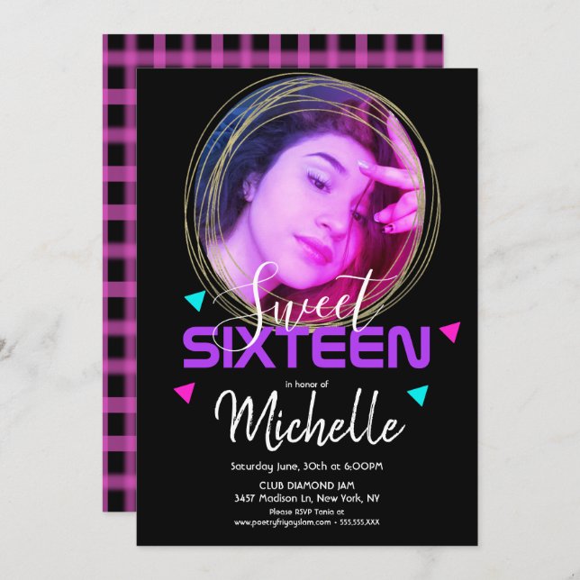 Convites Neon Sweet Sessenta Fotografia Dourada Ring Confet (Frente/Verso)