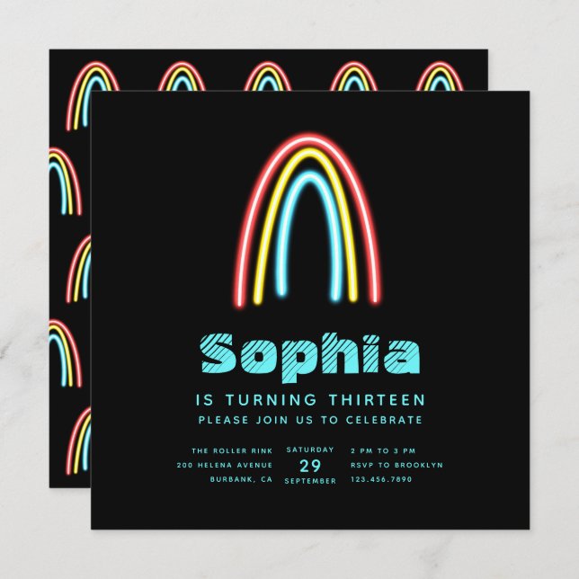 Convites Neon Teal Rainbow Festa de aniversário (Frente/Verso)