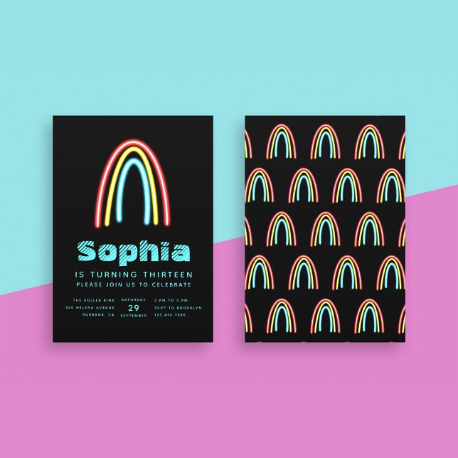 Convites Neon Teal Rainbow Festa de aniversário (Criador carregado)