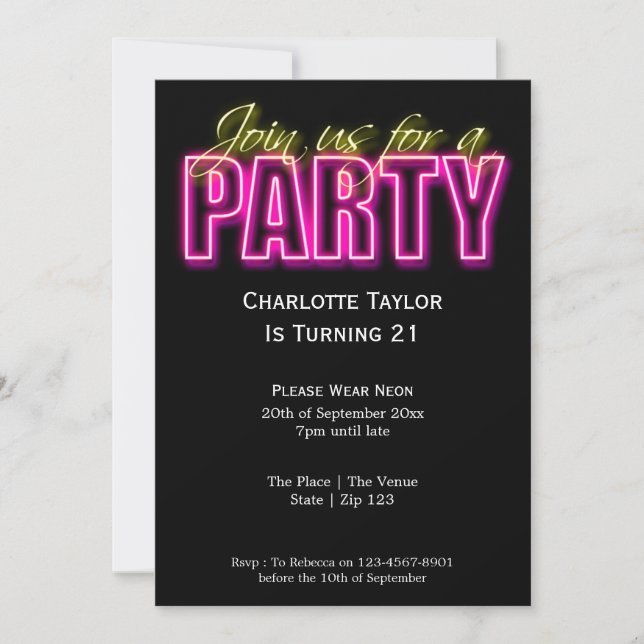 Convites Neon Themed Party (Frente)