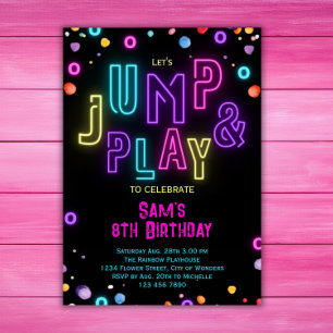 Convites Neon Trampoline Party Girls Rosa Púrpura Aniversár