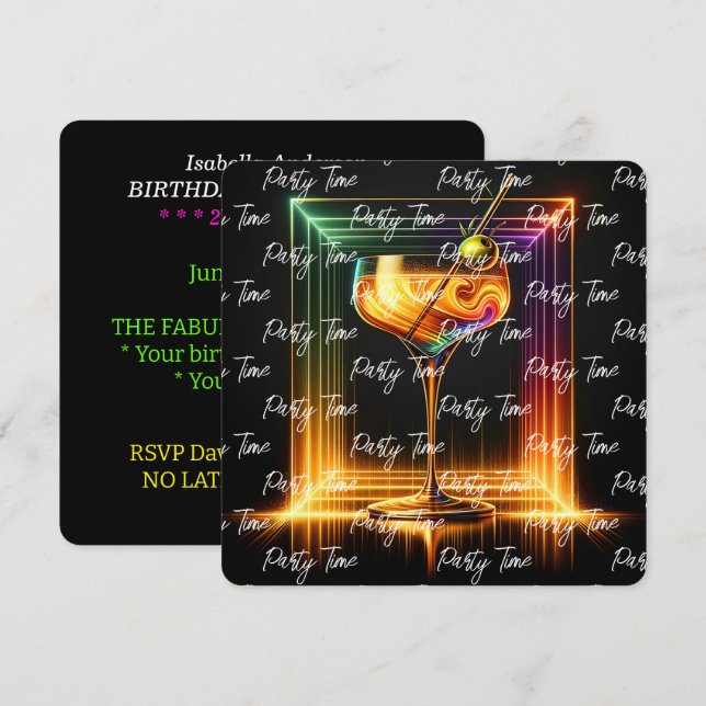 Convites Neon Trendy Party Time Personalizado (Frente/Verso)