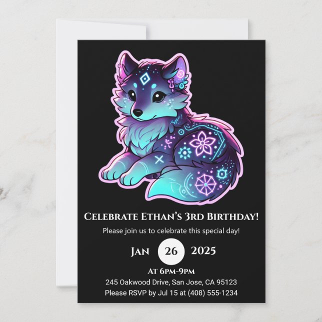 Convites Neon Tribal Wolf Birthday Invitation (Frente)