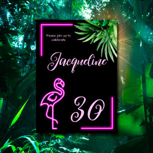 Convites Néon tropical rosa flamingo aniversário de 30 anos
