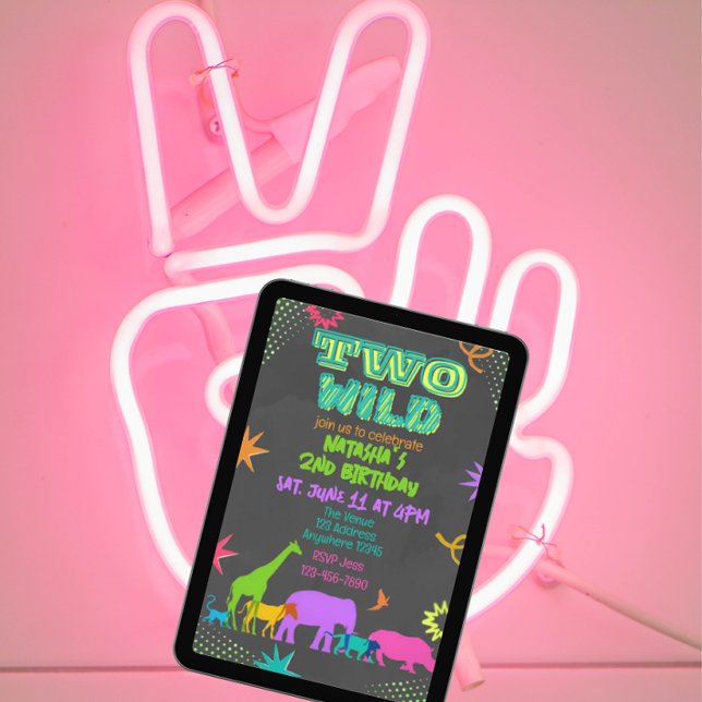 Convites Neon Two Wild Animals 2nd Birthday (Criador carregado)