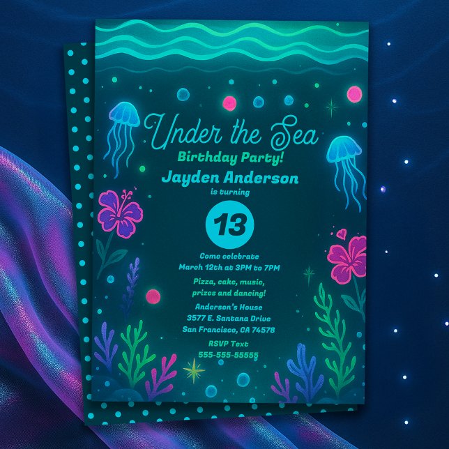 Convites Neon Under the Sea Jellyfish Birthday Party (Neon Under the Sea Jellyfish Birthday Party Invitation)