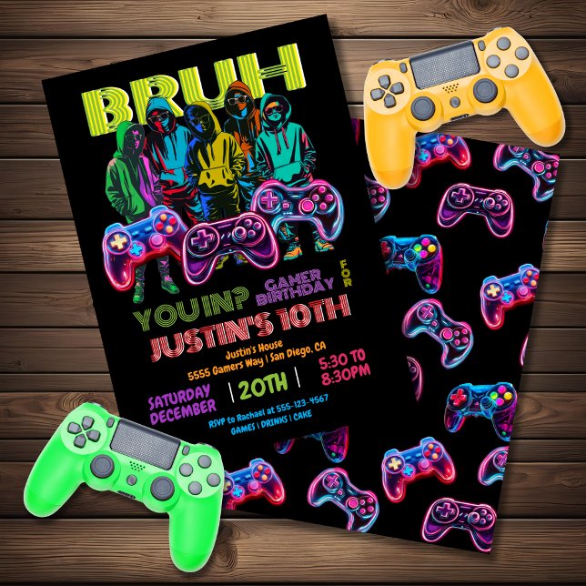 Convites Neon Video Gamer Festa de aniversário Bruh em você (Criador carregado)