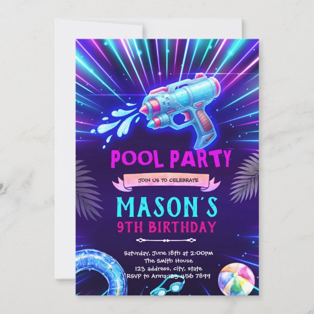 Convites Neon Watergun Party Invitation (Frente)