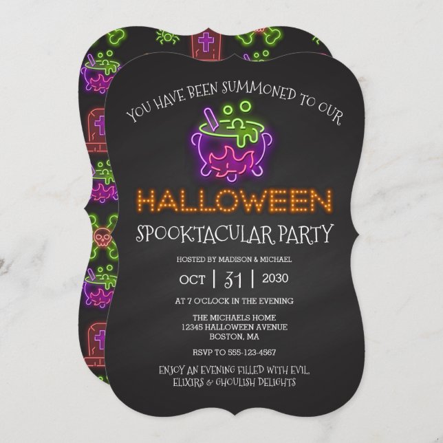 Convites Neon Witold Cauldron I, Partido Spooktacular do Ha (Frente/Verso)