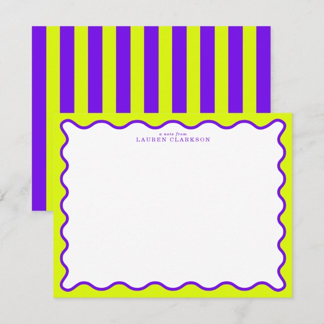 Convites Neon Yellow-Green & Purple Wavy Note Card (Frente/Verso)