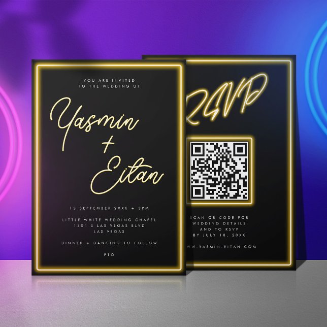 Convites Neon Yellow Lights Black Modern RSVP Casamento (Black invitation with yellow neon light script for the bride and groom's names)
