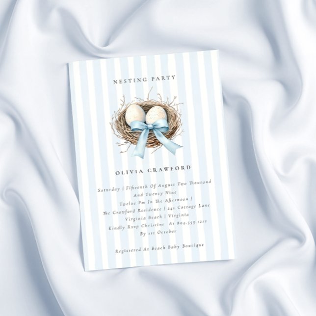 Convites Nest Blue Arco Nest Party (Watercolor Birdsnest Blue Bow Nesting Party Invitation )