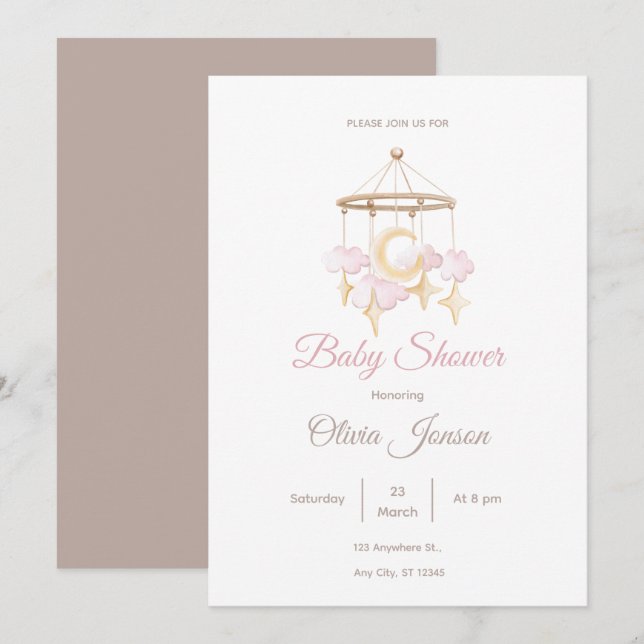 Convites Neutral Baby Shower Invitation Moon and Stars (Frente/Verso)