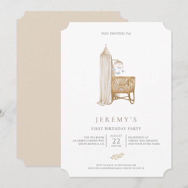 Convites Neutral Boho Baby Primeiro Aniversário (Frente/Verso)