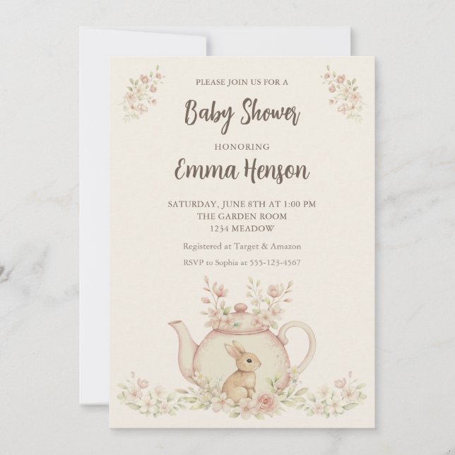 Convites Neutral Bunny & Floral Teapot Baby Shower  (Frente)