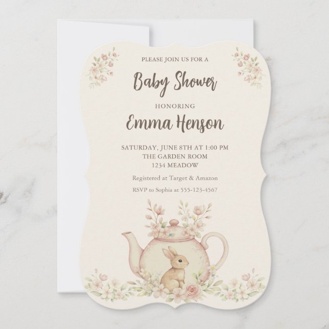 Convites Neutral Bunny & Floral Teapot Baby Shower  (Frente)