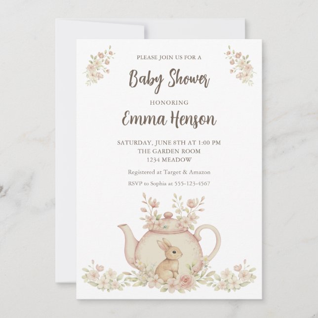 Convites Neutral Bunny & Floral Teapot Baby Shower  (Frente)