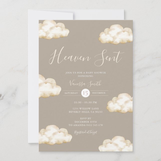 Convites Neutral Cream Cloud Heaven Sent Baby Shower Party (Frente)