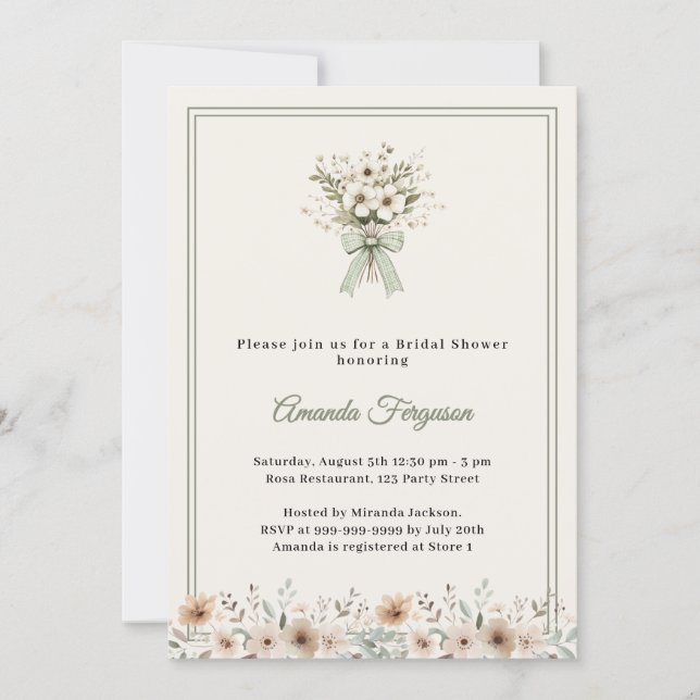 Convites Neutral florals green ivory Bridal Shower (Frente)