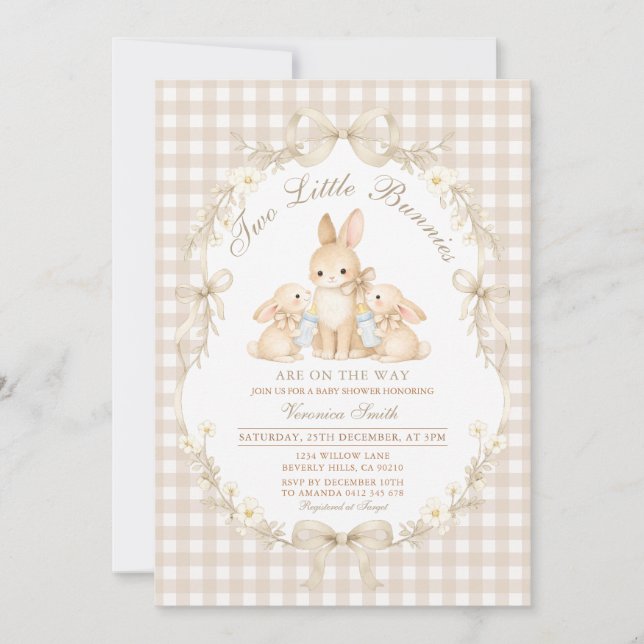 Convites Neutral Gingham Bunnies Twins Baby Shower (Frente)