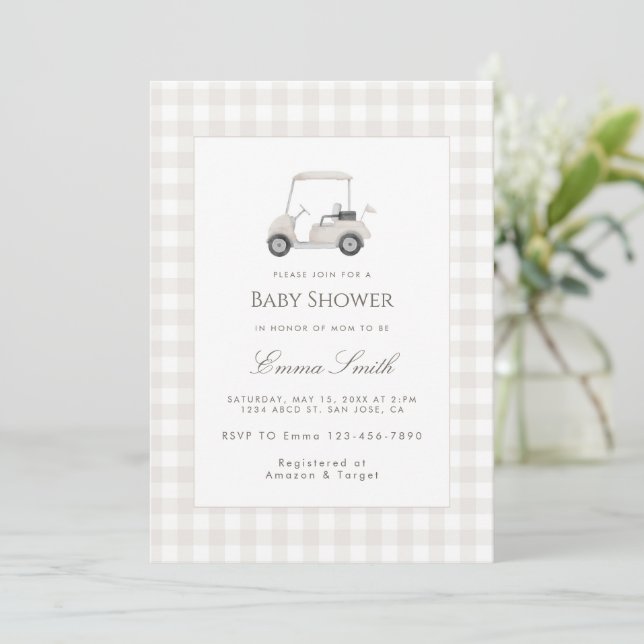 Convites Neutral Gingham Golf Cart Baby Shower (Em pé/Frente)