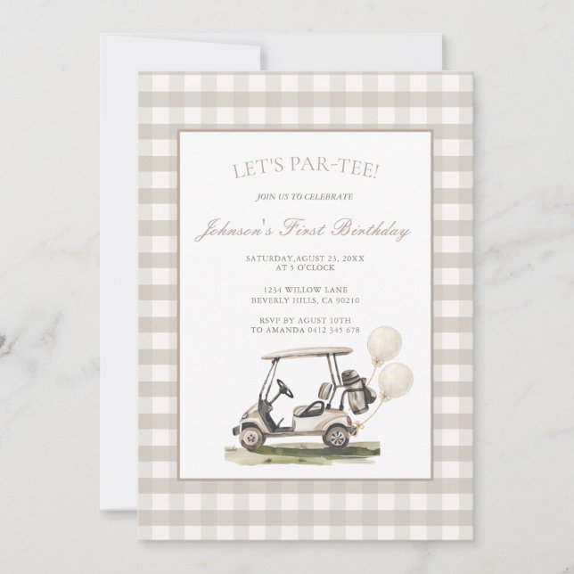 Convites Neutral Gingham Golf Cart Boy Birthday  (Frente)
