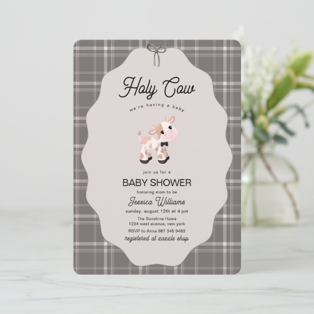 Convites Neutral Gingham Holy Cow Farm Animals Baby Shower  (Em pé/Frente)