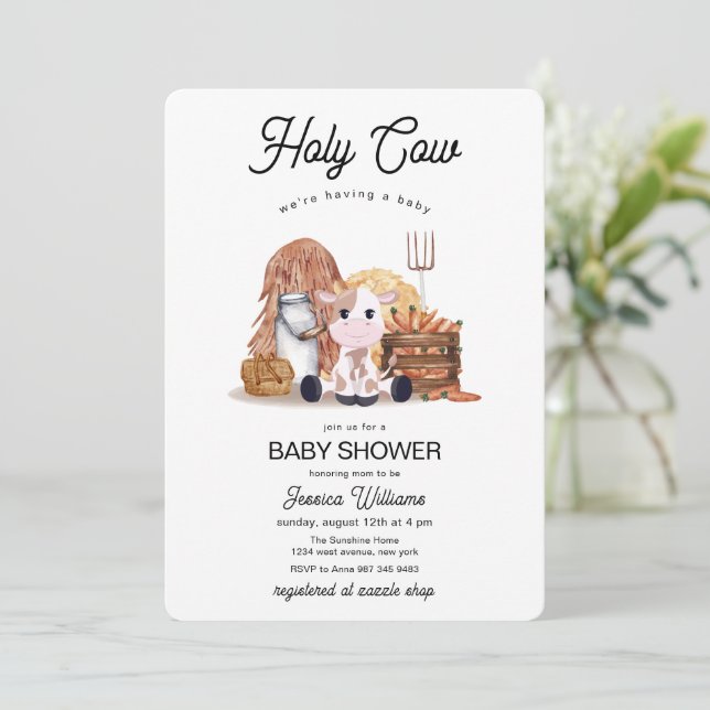 Convites Neutral Holy Cow Farm Animals Baby Shower  (Em pé/Frente)