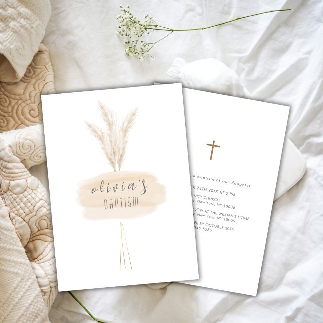 Convites Neutral Moderno Boho Pampas Christening Baptism (Neutral Modern Boho Pampas Christening Baptism Invitation)