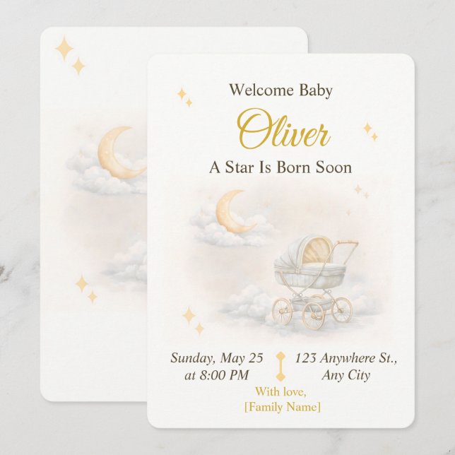 Convites Neutral Moon Baby Shower Invitation Editable (Frente/Verso)