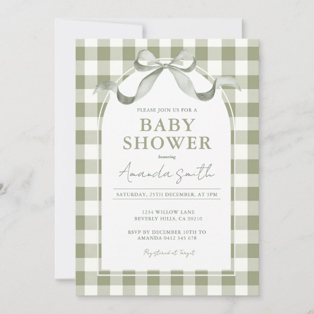 Convites Neutral Preppy Sage Bow Baby Shower (Frente)