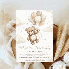 Convites Neutral Teddy Bear Baby Shower bow Green Balloons