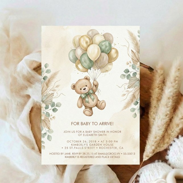Convites Neutral Teddy Bear Baby Shower flower Green (Criador carregado)