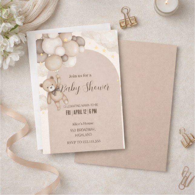 Convites Neutral Teddy Bear Baby Shower Invitation  (Criador carregado)