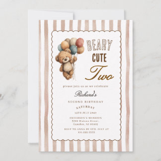 Convites Neutral Teddy Bear Beary Cute Two 2nd Birthday 