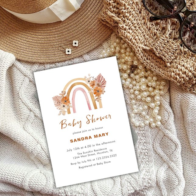 Convites Neutral Terracotta Boho Rainbow Chá de fraldas Flo (Neutral Terracotta Boho Rainbow Floral Baby Shower Invitation)