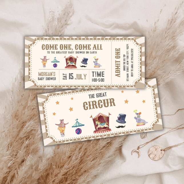 Convites Neutral Vintage Circus Ticket Carnival Baby shower (Neutral Vintage Circus Ticket Carnival Baby shower Invitation)
