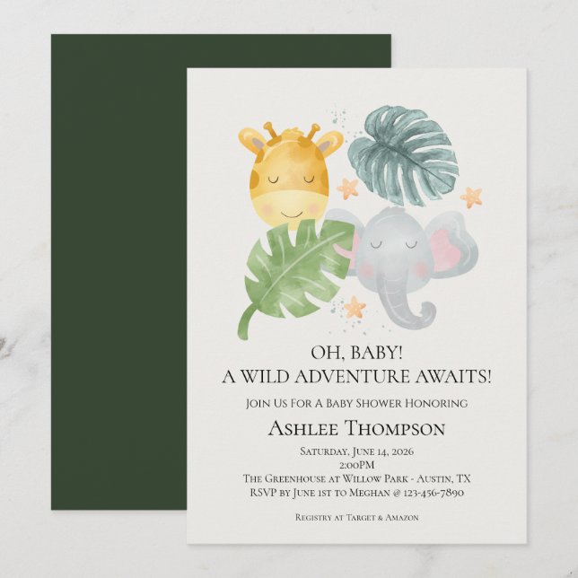 Convites Neutral Watercolor Jungle Animals Baby Shower (Frente/Verso)