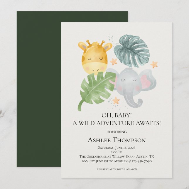 Convites Neutral Watercolor Jungle Animals Baby Shower (Frente/Verso)
