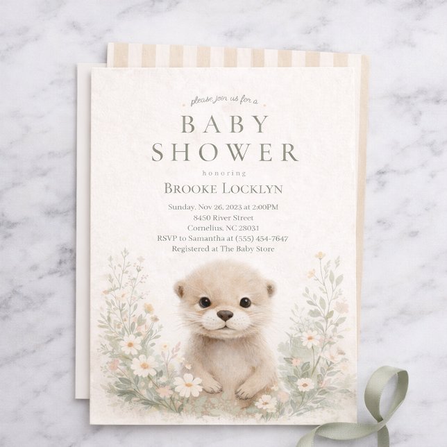 Convites Neutral Watercolor Otter Baby Shower | Woodland (Criador carregado)