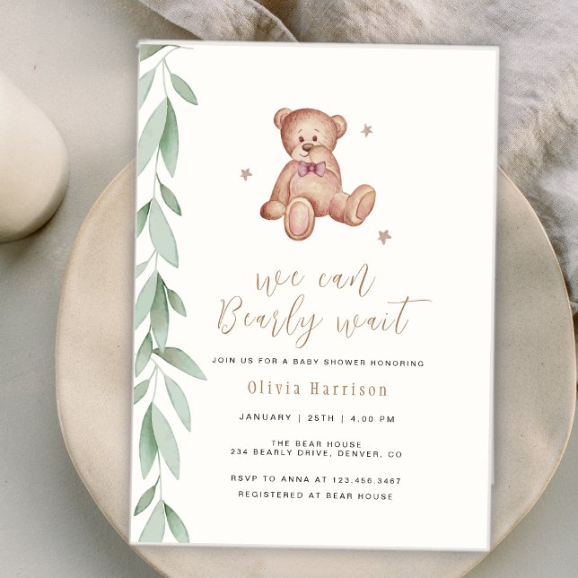 Convites Neutro Boho Verde Que Mal Podemos Esperar  (Gender Neutral Boho Greenery We Can Bearly Wait Invitation)
