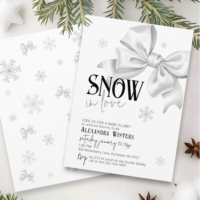 Convites Neve Apaixonada Arco Floco de neve Floco de invern (Cute SNOW in Love simple white bow snowflake winter wonderland girl baby shower  invitation)