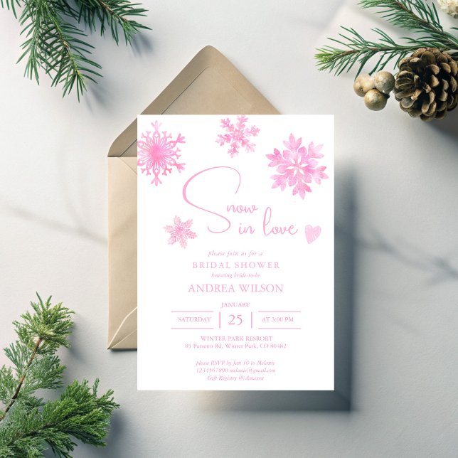 Convites Neve apaixonada flocos de neve chá de panela de in (Snow in love pastel pink snowflakes winter bridal shower invitation template)