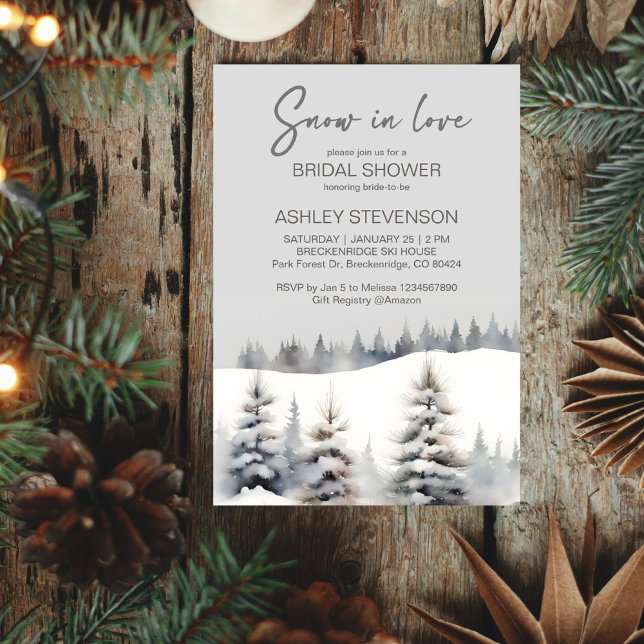 Convites Neve apaixonada pelo chá de panela da floresta de  (Snow in love winter pine forest bridal shower editable template invitation digital download pastel )