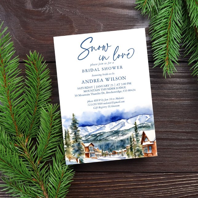 Convites Neve apaixonada por chá de panela de inverno aldei (Snow in love winter bridal shower snowy mountain village watercolor scenery template invitation )